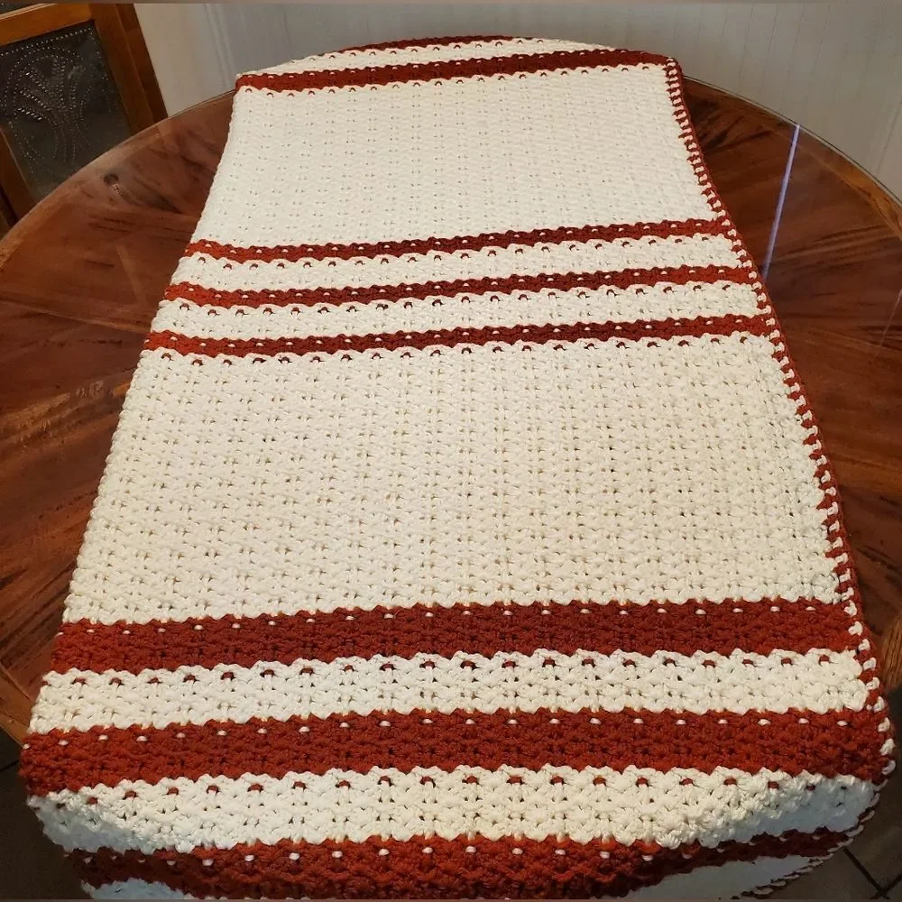 Vintage Handmade Crochet Throw Blanket Off White with Burnt Orange Stripes